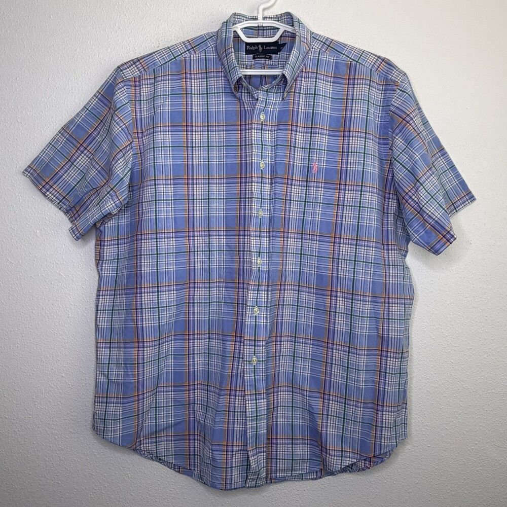 Ralph Lauren Bob Camp Shirt Men’s XL Plaid Blue Multi Color Short Sleeve Cotton
